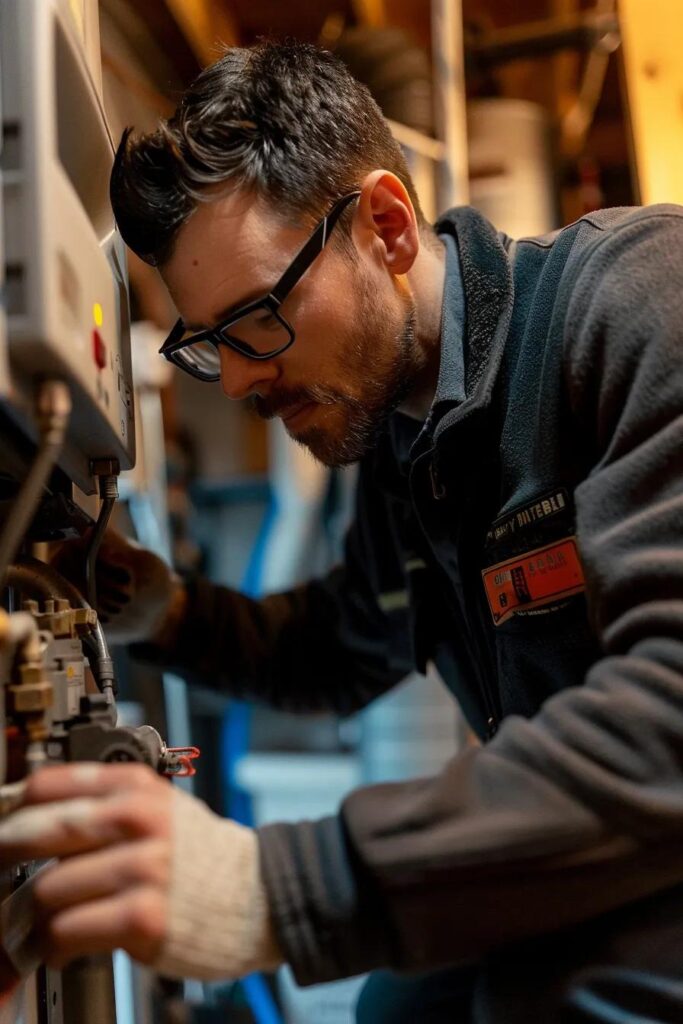 Homeowner performing DIY maintenance on a furnace, showcasing noise reduction techniques