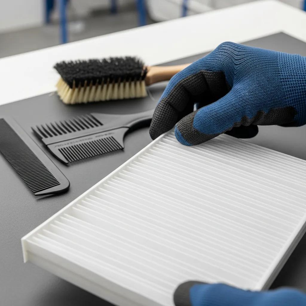Inspecting a clean air filter — one of the highest-impact heat pump maintenance tasks