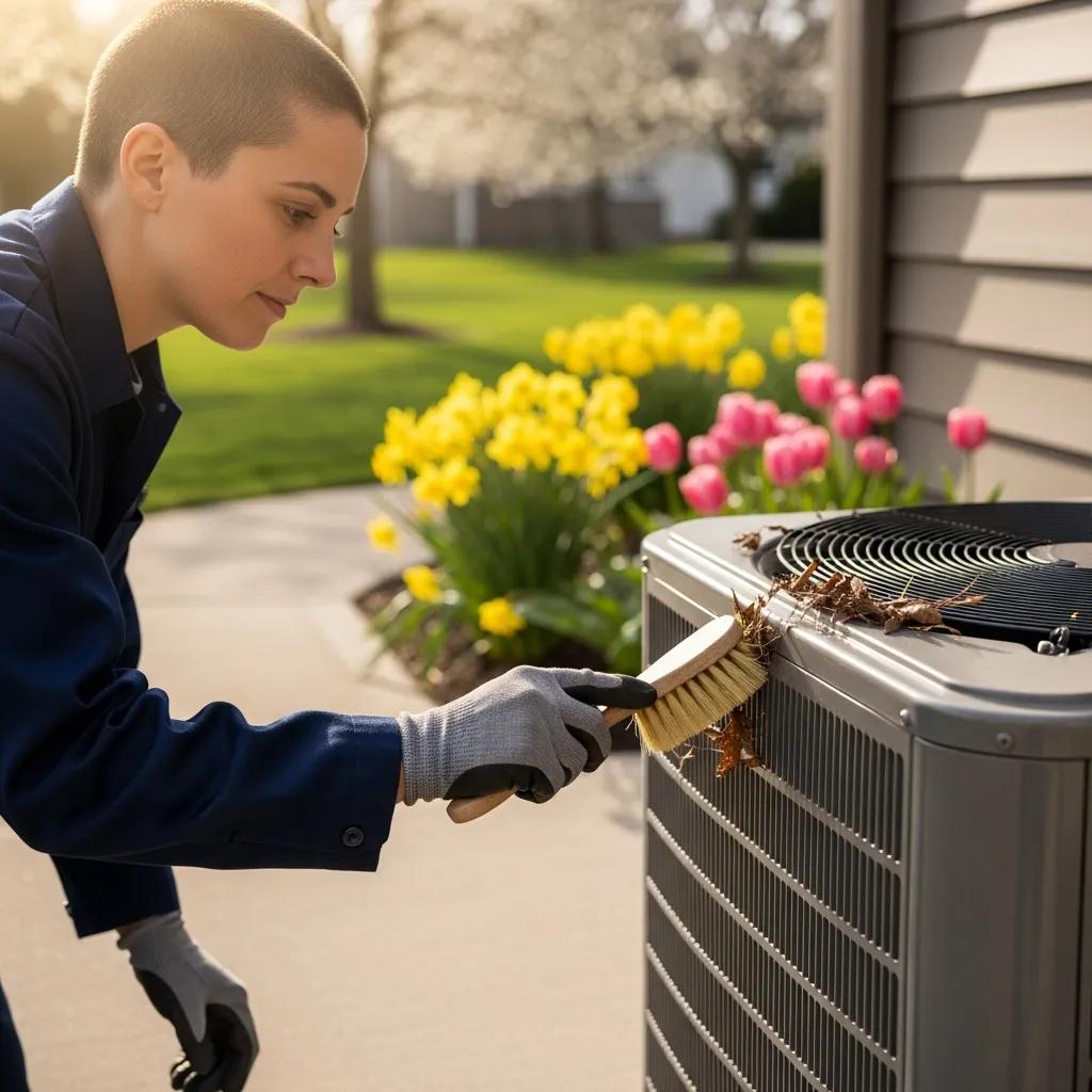 Clearing debris from an outdoor heat pump during spring service