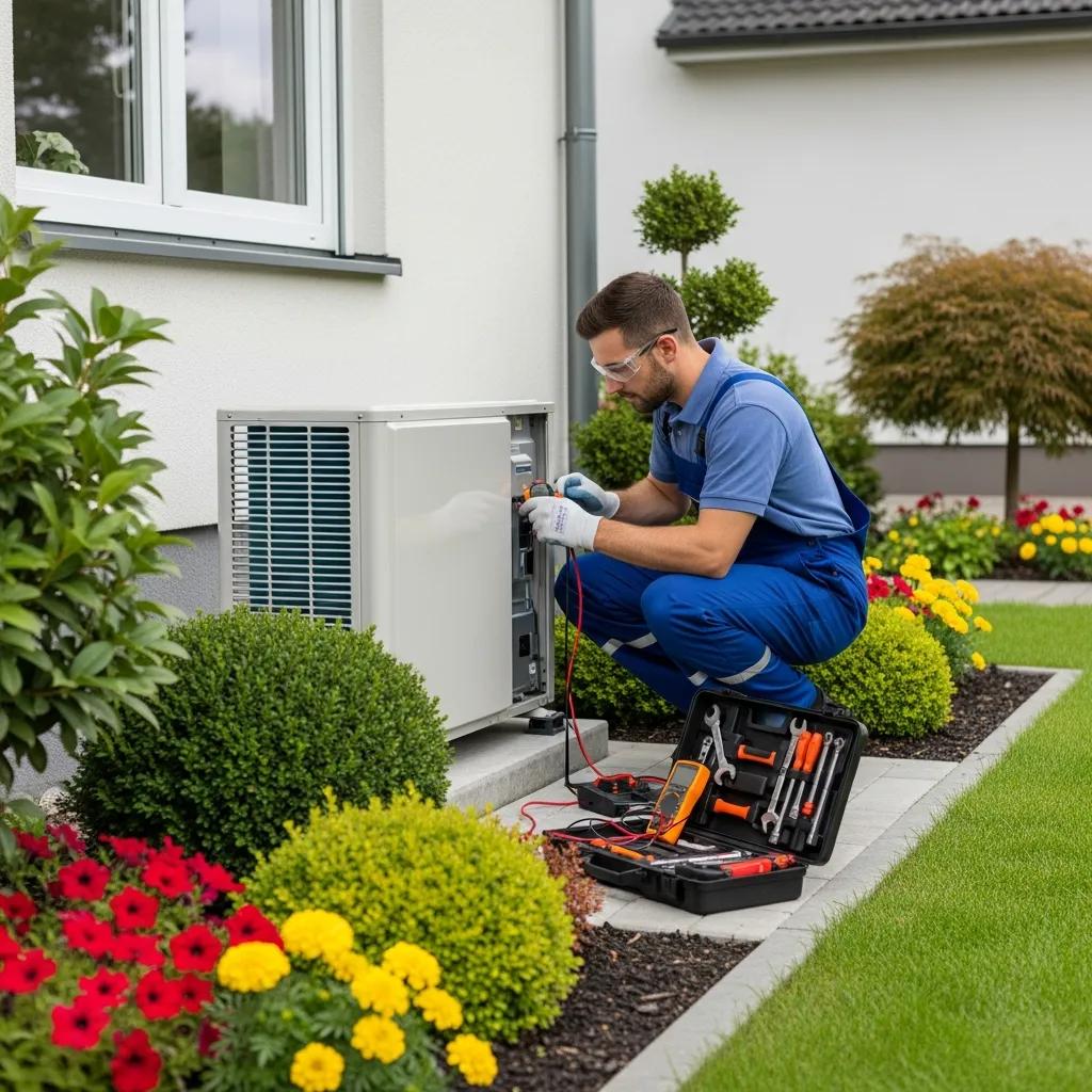 Master Heat Pump Maintenance Tips for Top Performance 1 Technician performing heat pump maintenance outdoors, showcasing professional HVAC service