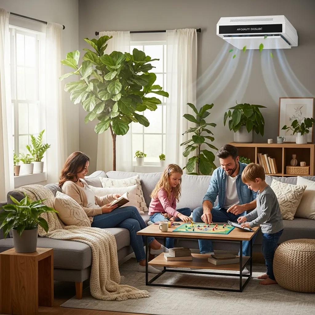 Convenient HVAC Filter Auto-ship Subscription 2 Family enjoying clean air in a cozy living room with an HVAC system