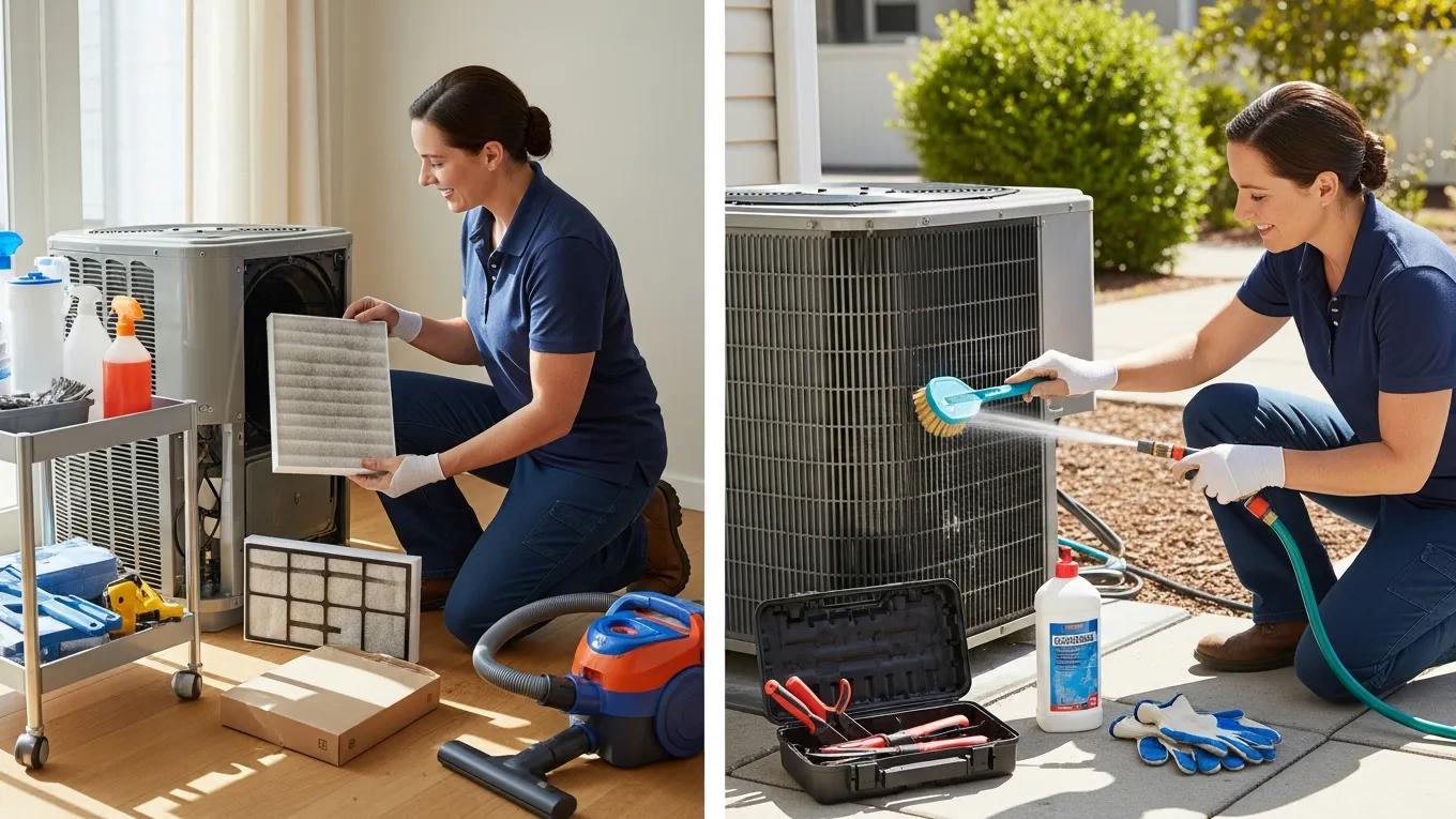 Ultimate Guide to AC Repair: Troubleshooting & Solutions 3 Homeowner performing maintenance on an air conditioning unit, checking filters and cleaning