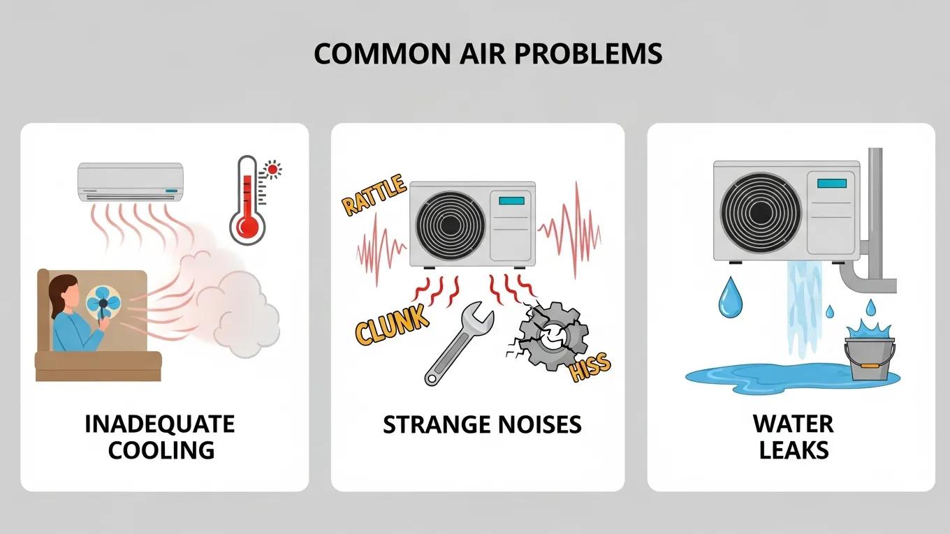 Ultimate Guide to AC Repair: Troubleshooting & Solutions 2 Visual representation of common air conditioning problems including inadequate cooling and water leaks